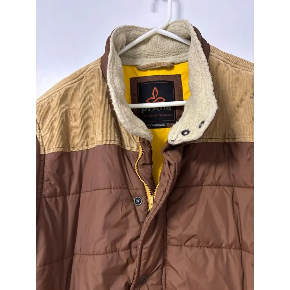 prAna Waylen Mens XL Puffer Jacket Quilted Corduroy Yoke Sherpa Collar Brown